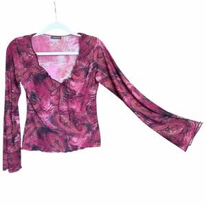 UNYX Y2K Vintage long flare sleeve paisley print top v neck large USA boho 90s L